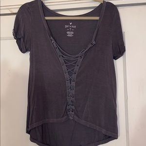 Grey American Eagle Tie Up Front T-Shirt - S